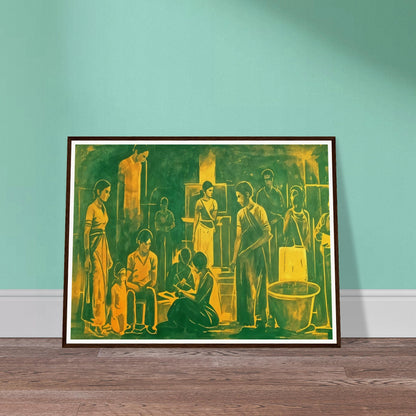 An evocative painting depicting a group of people gathered in a communal space, engaged in various activities. The figures are rendered in warm green and yellow tones, creating a harmonious and unified atmosphere. The scene captures a moment of interaction and shared experience, with each character absorbed in their own task, yet connected to the collective setting. The composition is filled with a sense of quiet strength and unity, highlighting the bonds within the community.