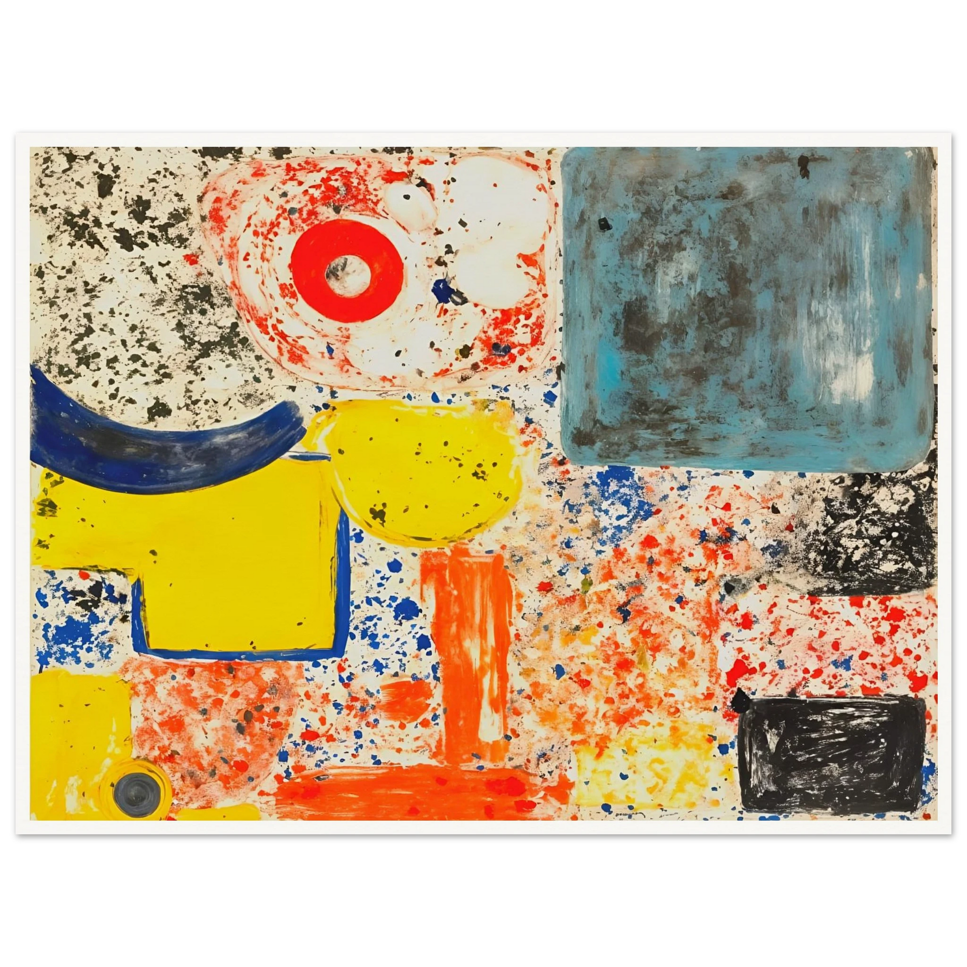 Bright yellow, blue, red, and orange shapes scatter across a speckled white field with bold black marks.