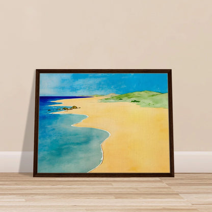 A calm beach scene with golden sand, turquoise waves, and green hills under a bright blue summer sky.