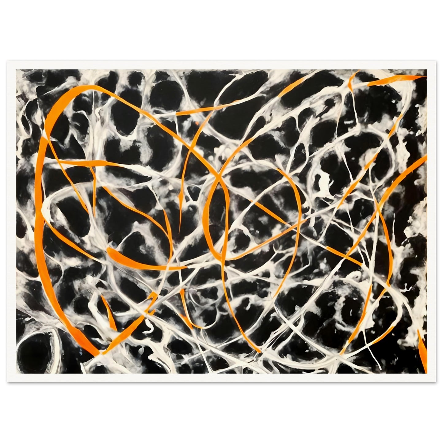 Dynamic black and white background with vibrant orange lines intertwining, creating an energetic and chaotic web of movement.