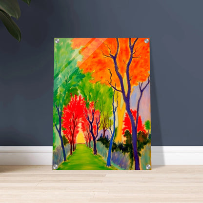 A vivid forest pathway glowing with fiery orange, green, and red trees, symbolizing nature’s changing seasons and renewal.