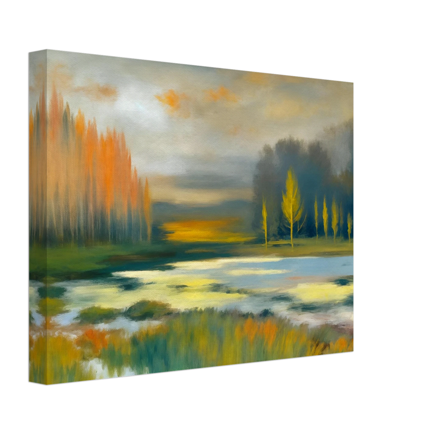 Soft impressionist wetland landscape with glowing golden trees, misty waters, and tranquil reflections beneath a muted autumn sky.