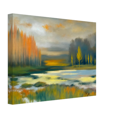 Soft impressionist wetland landscape with glowing golden trees, misty waters, and tranquil reflections beneath a muted autumn sky.