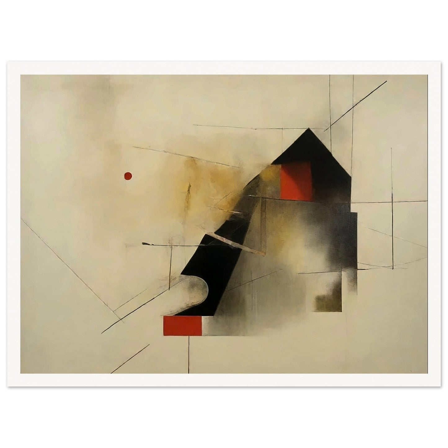 An abstract painting featuring geometric shapes and lines on a light background. A prominent black triangular shape is juxtaposed with red and white rectangles, and thin lines intersect across the canvas, creating a sense of movement and depth.