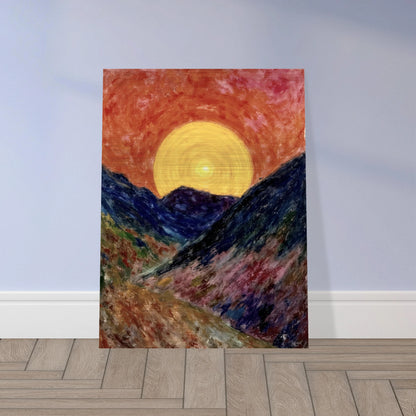 A vivid sunset over deep blue mountains with a glowing golden sun radiating warmth across the textured, colorful valley.