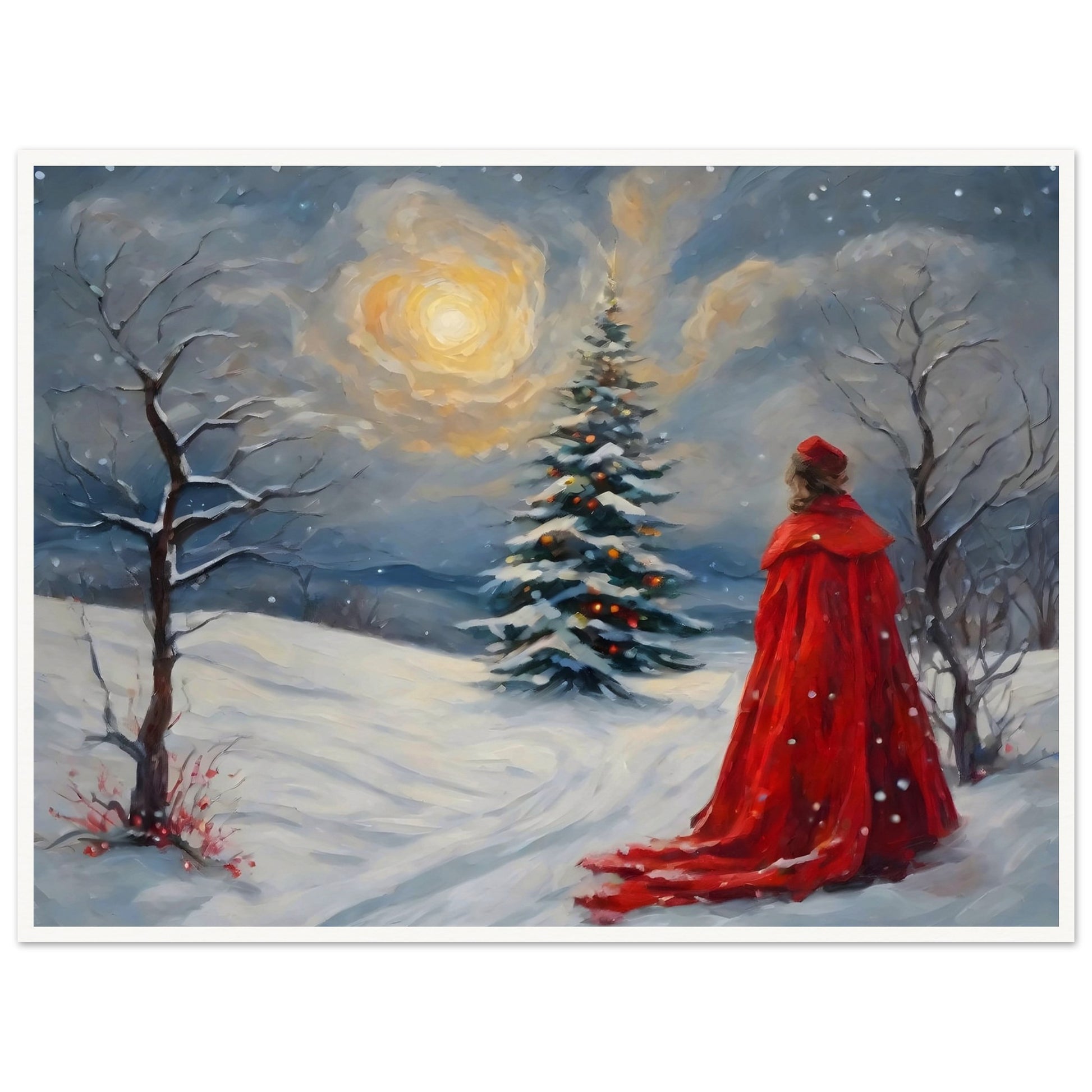 A woman in a flowing red cloak gazes at a glowing Christmas tree in a snowy landscape, illuminated by a radiant moon and serene winter sky.