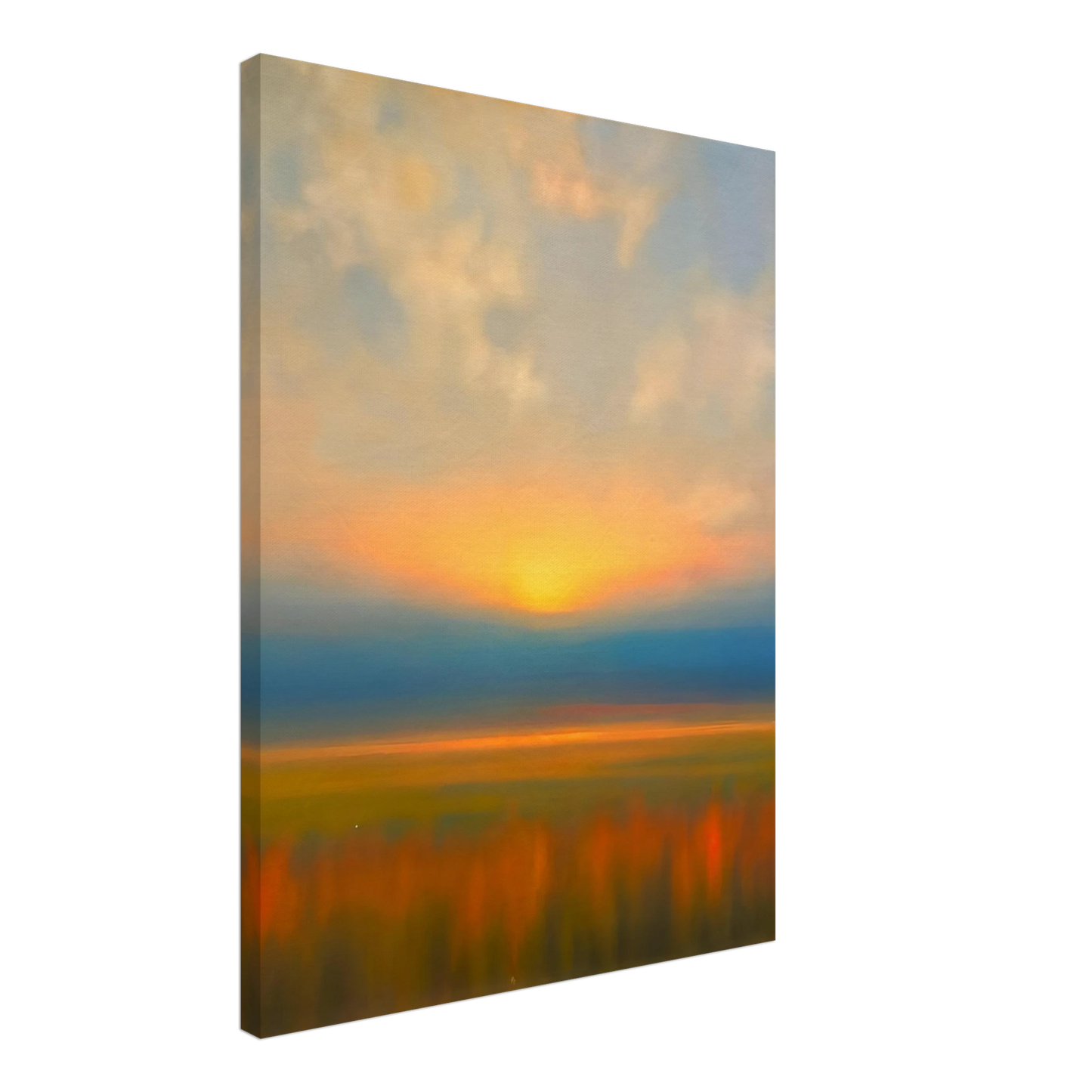 Golden sunset melts into blue horizon above blurred amber fields, creating a tranquil dreamscape of warmth and fading light.