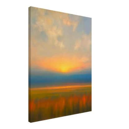 Golden sunset melts into blue horizon above blurred amber fields, creating a tranquil dreamscape of warmth and fading light.