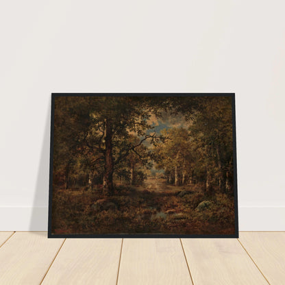 Wooded path opening to a sunlit view in Fontainebleau, with tall trees framing figures and a distant landscape.
