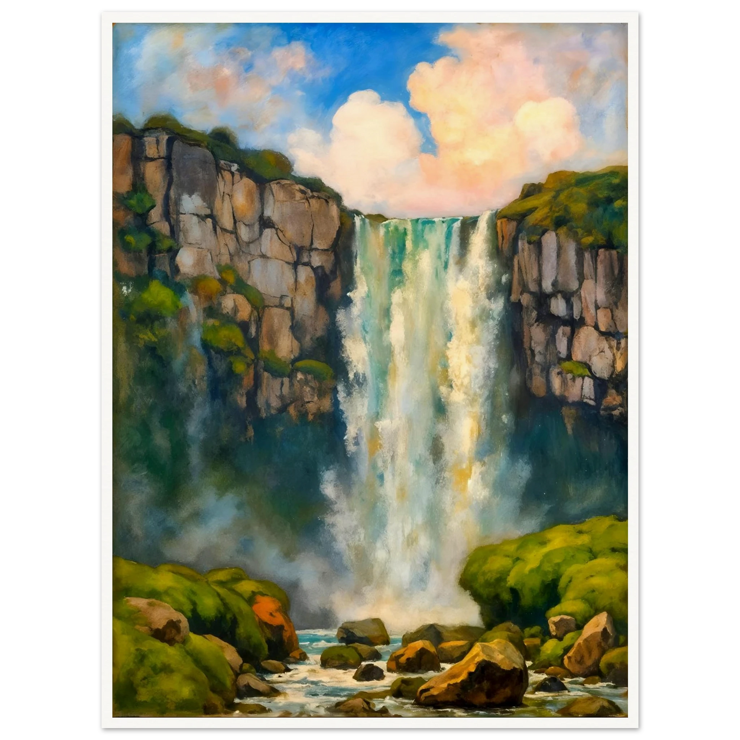 A majestic waterfall plunges between rocky cliffs into misty waters below, framed by lush green moss and glowing skies.