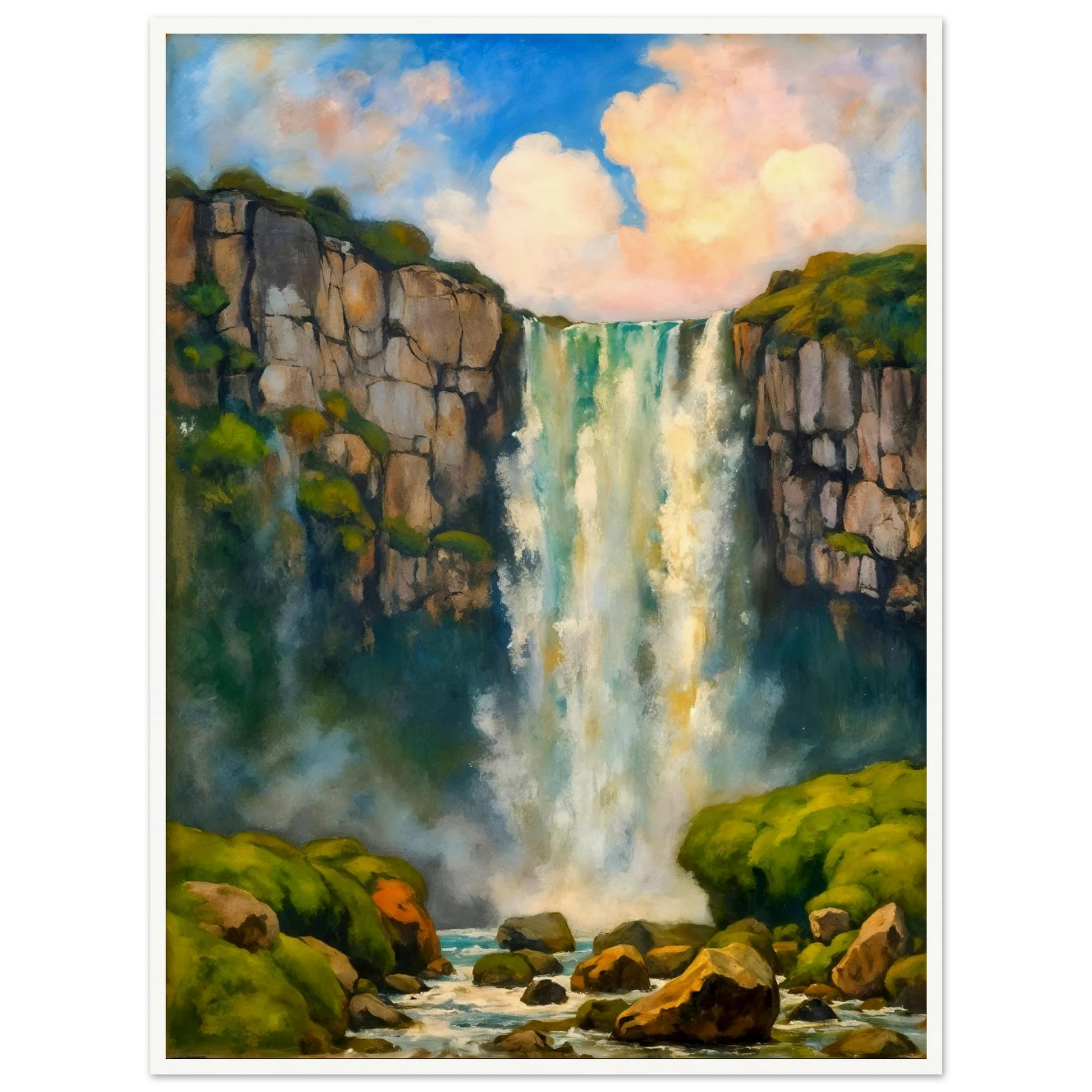 A majestic waterfall plunges between rocky cliffs into misty waters below, framed by lush green moss and glowing skies.