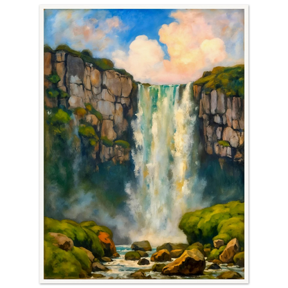 A majestic waterfall plunges between rocky cliffs into misty waters below, framed by lush green moss and glowing skies.