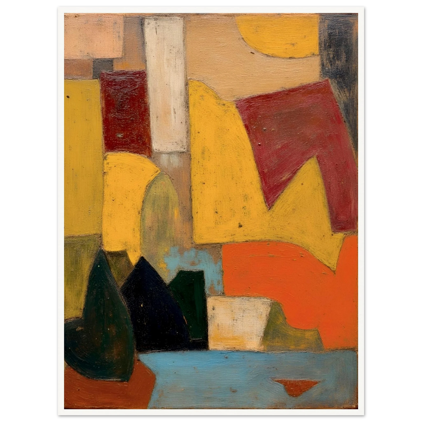 Warm yellow, red, and orange forms sit above a soft blue base with dark rounded shapes.
