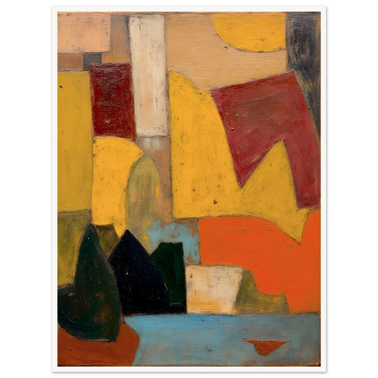 Warm yellow, red, and orange forms sit above a soft blue base with dark rounded shapes.