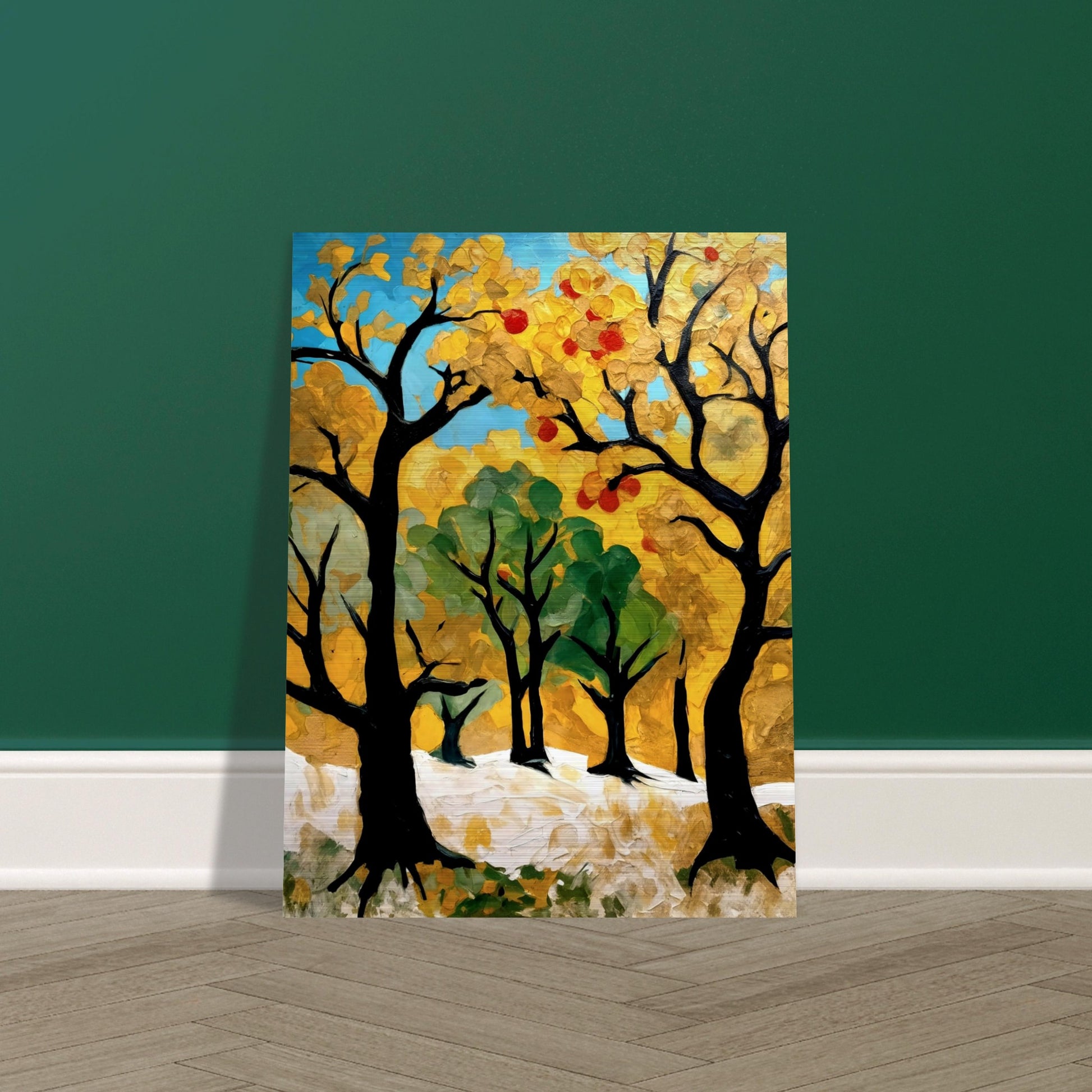 A vibrant painting of golden and green trees with hints of red fruit, capturing the essence of an autumn orchard bathed in sunlight.