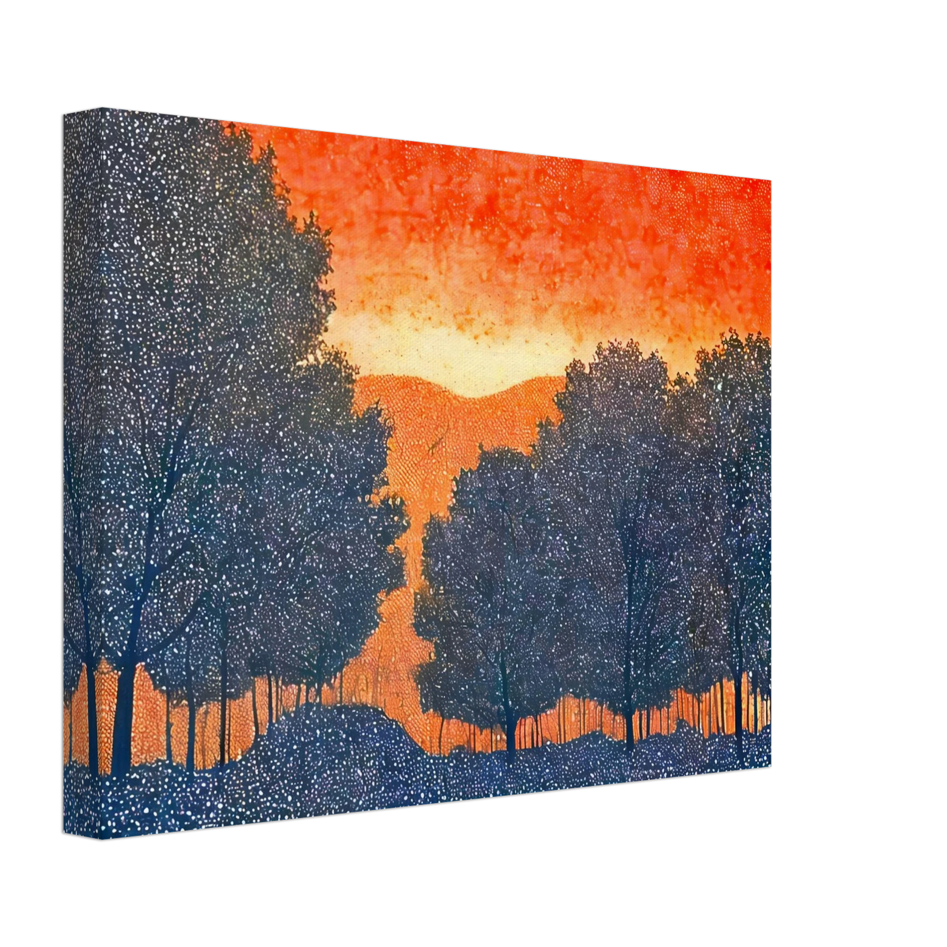 Silhouettes of trees in deep blue frame a vivid orange sky, evoking a fiery sunset over quiet hills dotted with tiny white specks.