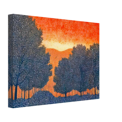Silhouettes of trees in deep blue frame a vivid orange sky, evoking a fiery sunset over quiet hills dotted with tiny white specks.