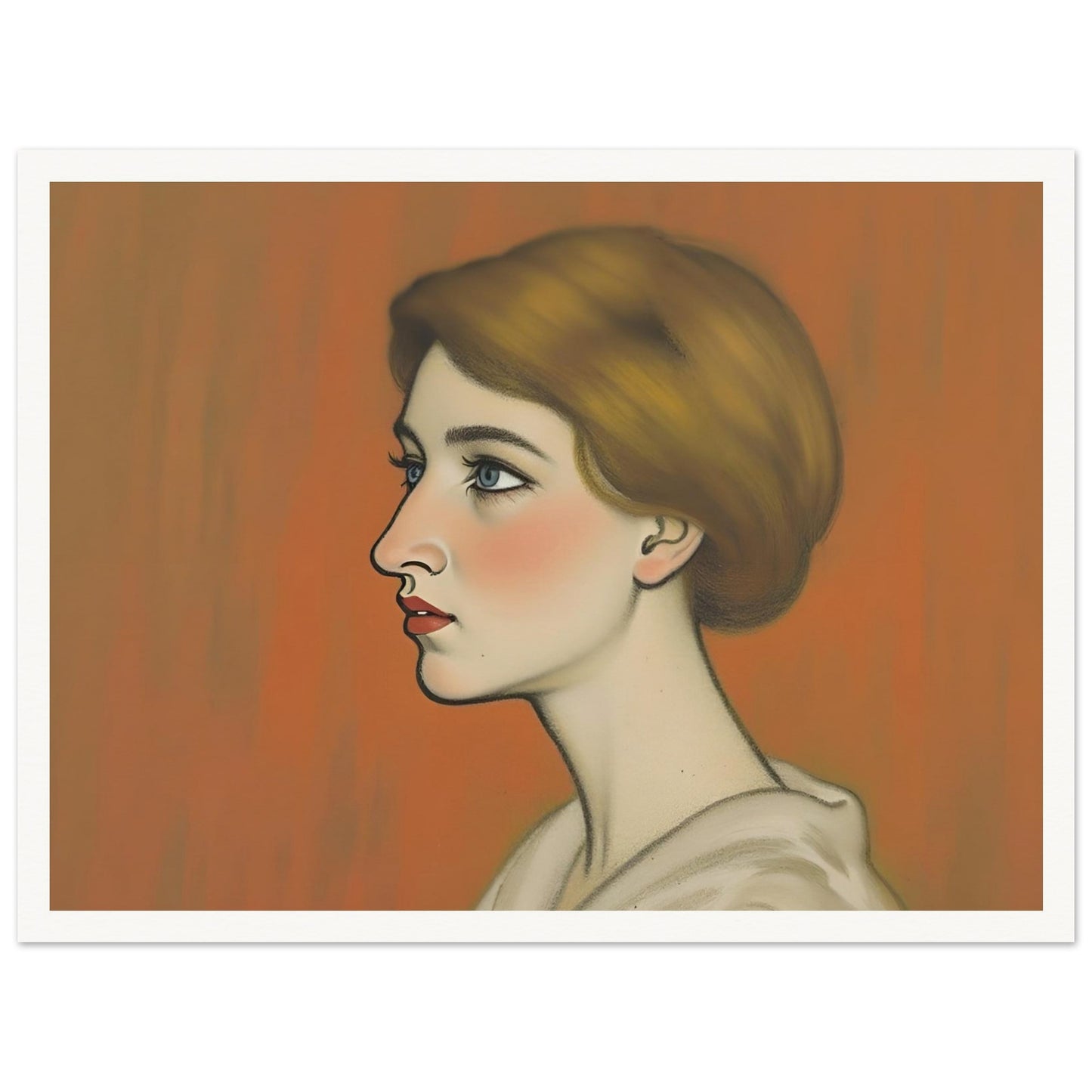 A refined side-profile portrait of a woman with auburn hair, delicate features, and soft blue eyes against a warm amber backdrop.