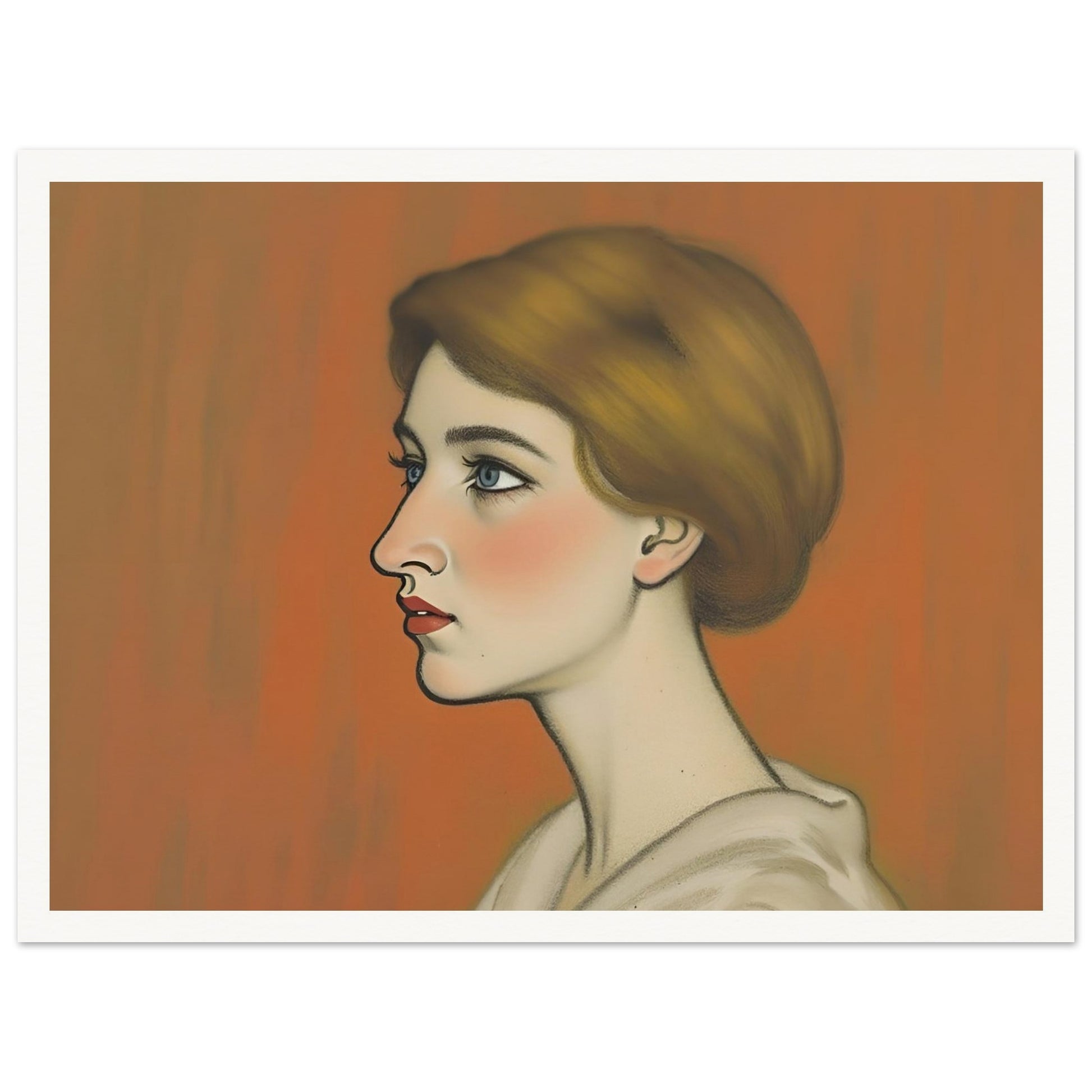 A refined side-profile portrait of a woman with auburn hair, delicate features, and soft blue eyes against a warm amber backdrop.