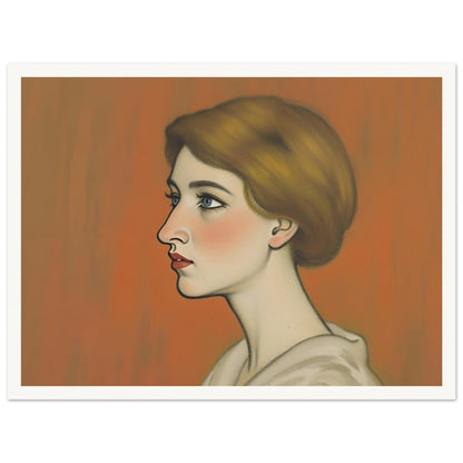 A refined side-profile portrait of a woman with auburn hair, delicate features, and soft blue eyes against a warm amber backdrop.
