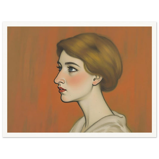 A refined side-profile portrait of a woman with auburn hair, delicate features, and soft blue eyes against a warm amber backdrop.