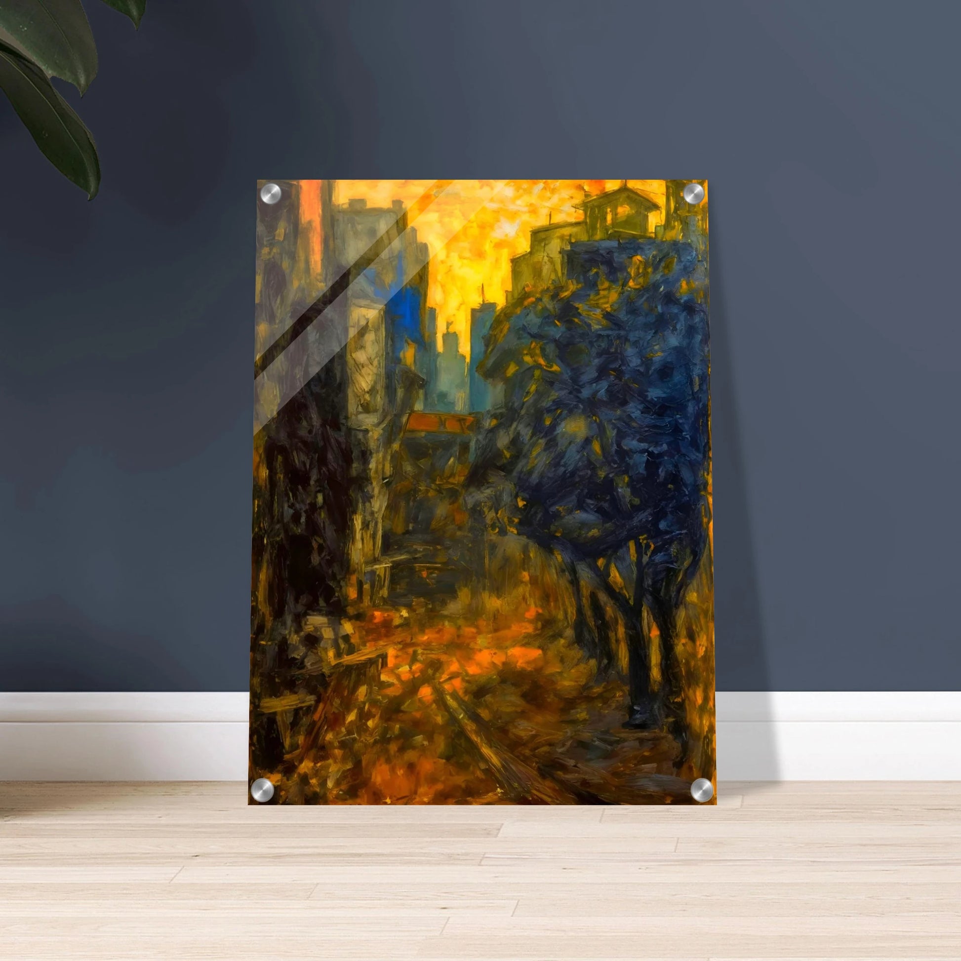 A dramatic expressionist cityscape depicting a narrow urban street framed by dark blue and black structures, illuminated by a glowing golden sky and fiery reflections along the ground.