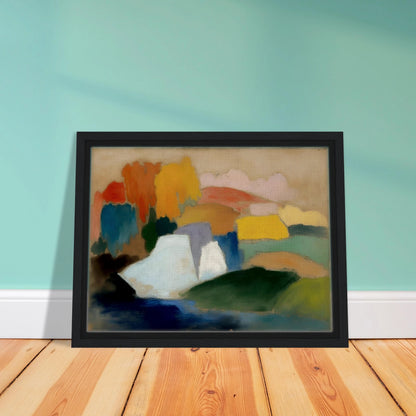 Soft fields, pale hills, and blue water blend with warm trees in a calm landscape.