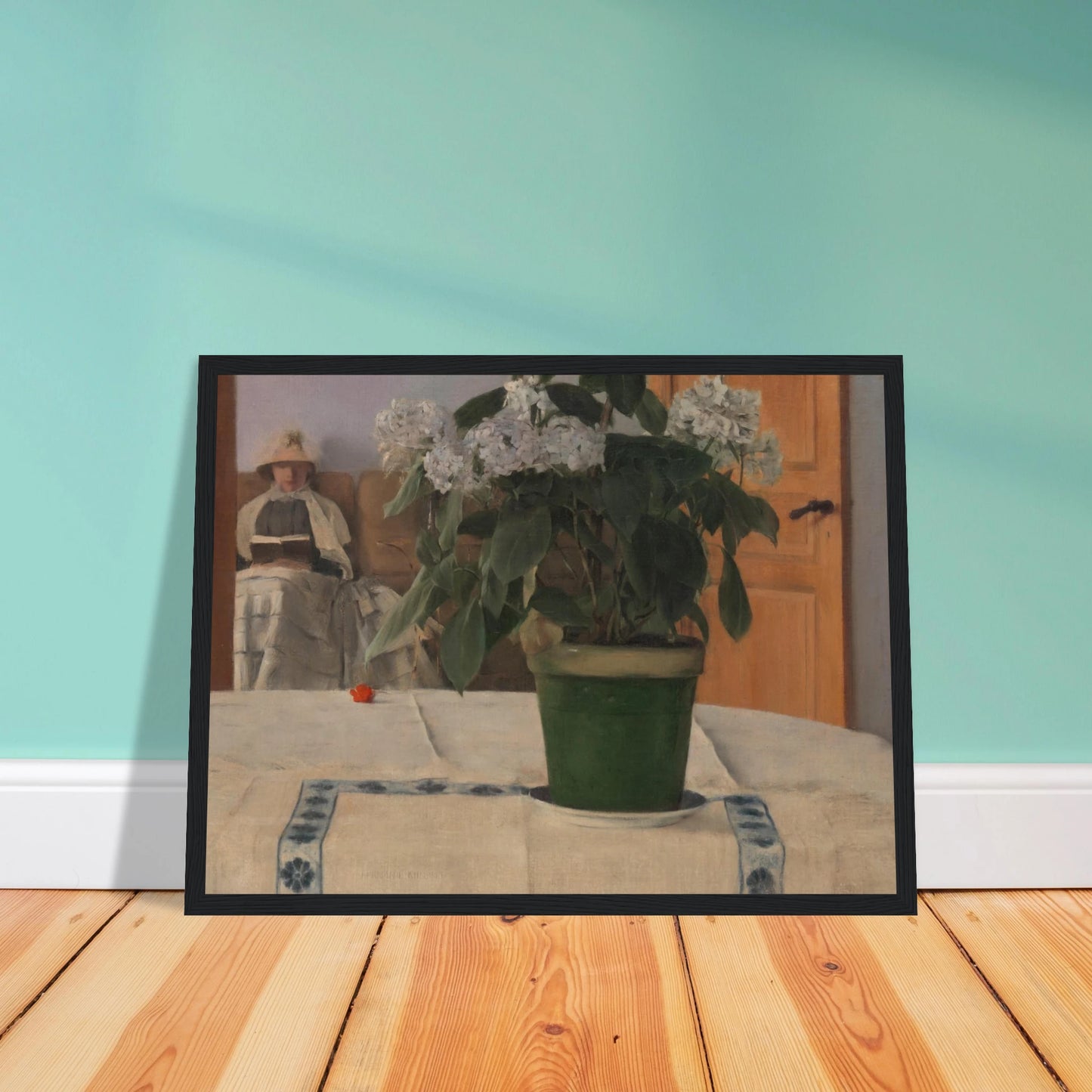 A potted hydrangea dominates a quiet interior as a bonneted woman reads in the softly lit background.