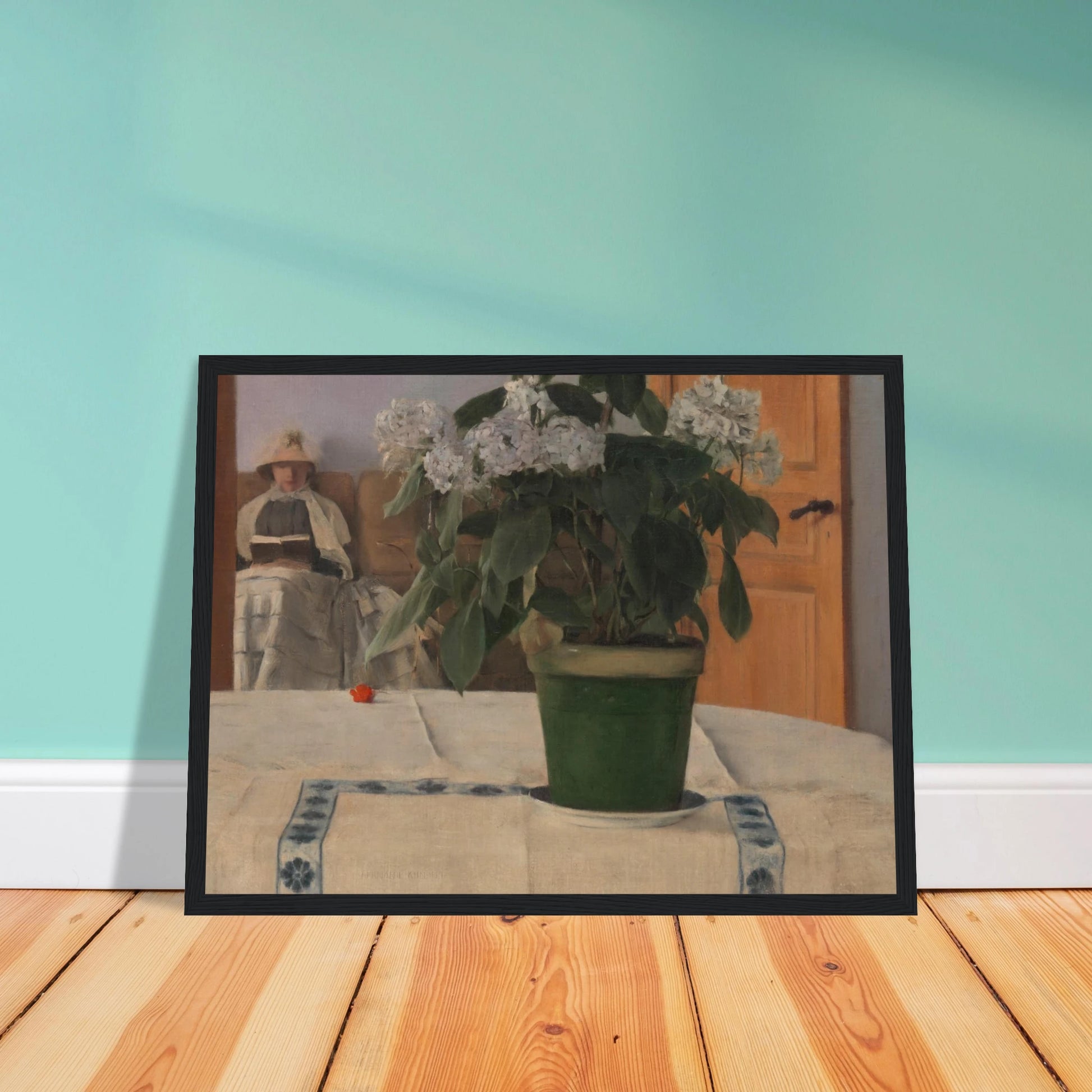 A potted hydrangea dominates a quiet interior as a bonneted woman reads in the softly lit background.