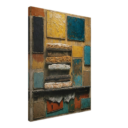 A rustic mixed-media artwork with layered textiles and textured blocks of yellow, blue, and earthy tones, evoking history and craftsmanship.