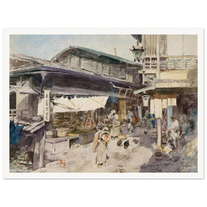 A lively Japanese street scene with shops, lantern, people, and chickens in soft watercolor.