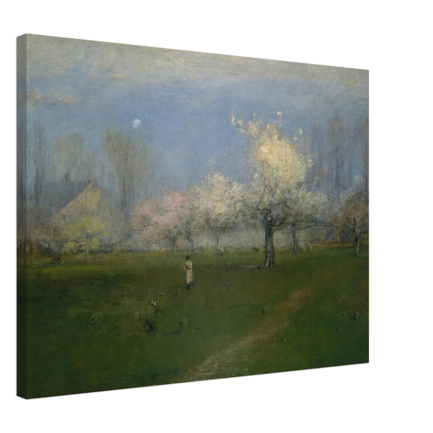Apple trees bloom across a green orchard under a pale blue sky with a small figure