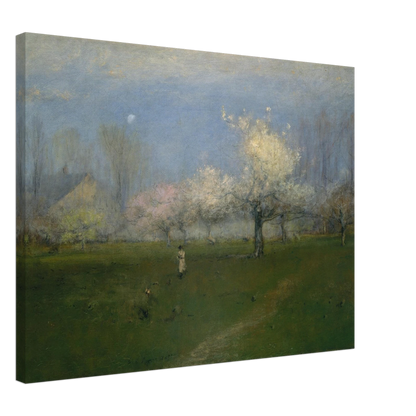 Apple trees bloom across a green orchard under a pale blue sky with a small figure