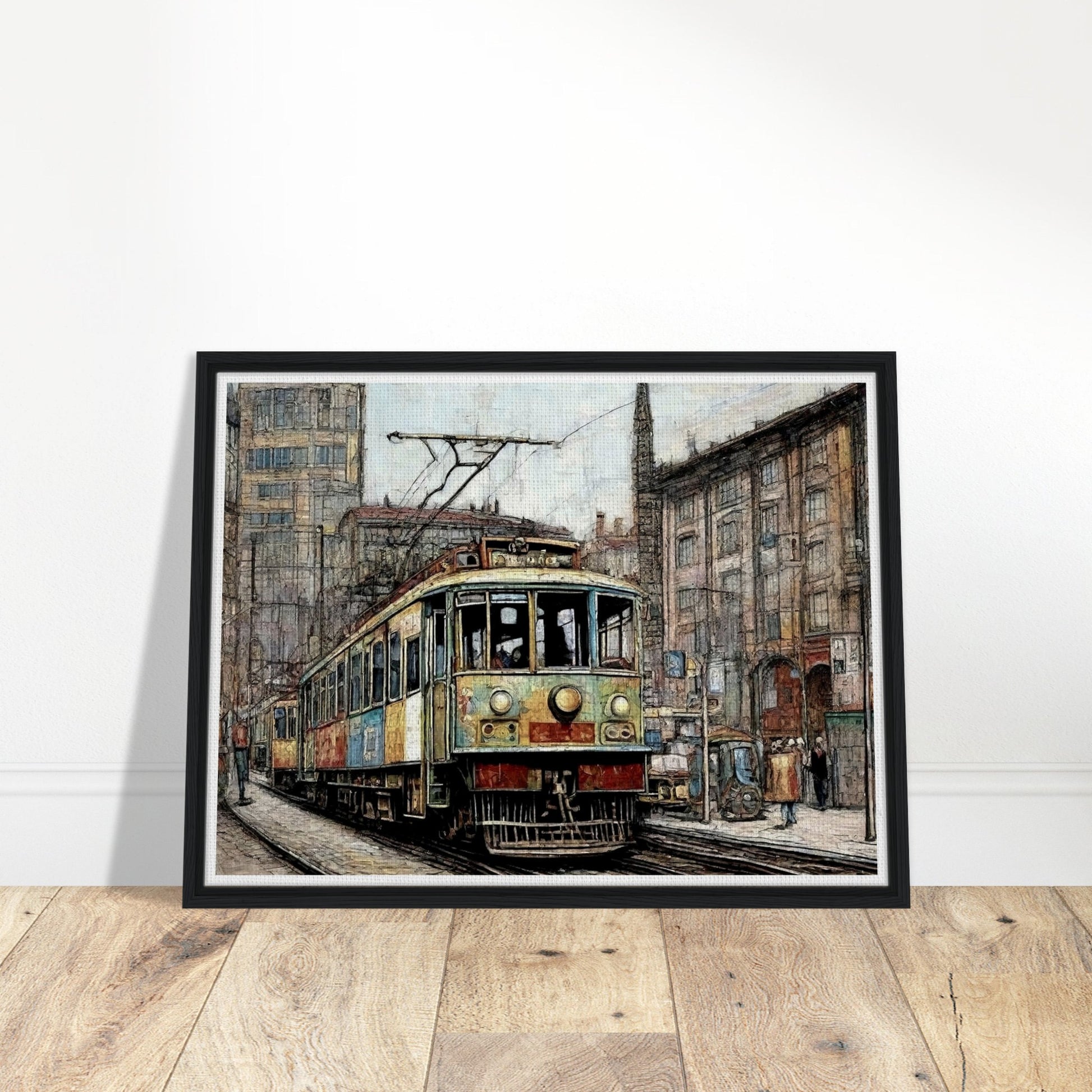 "A detailed painting of a vintage tram traveling through a bustling city street, surrounded by old buildings and a busy urban environment, evoking a nostalgic feel."