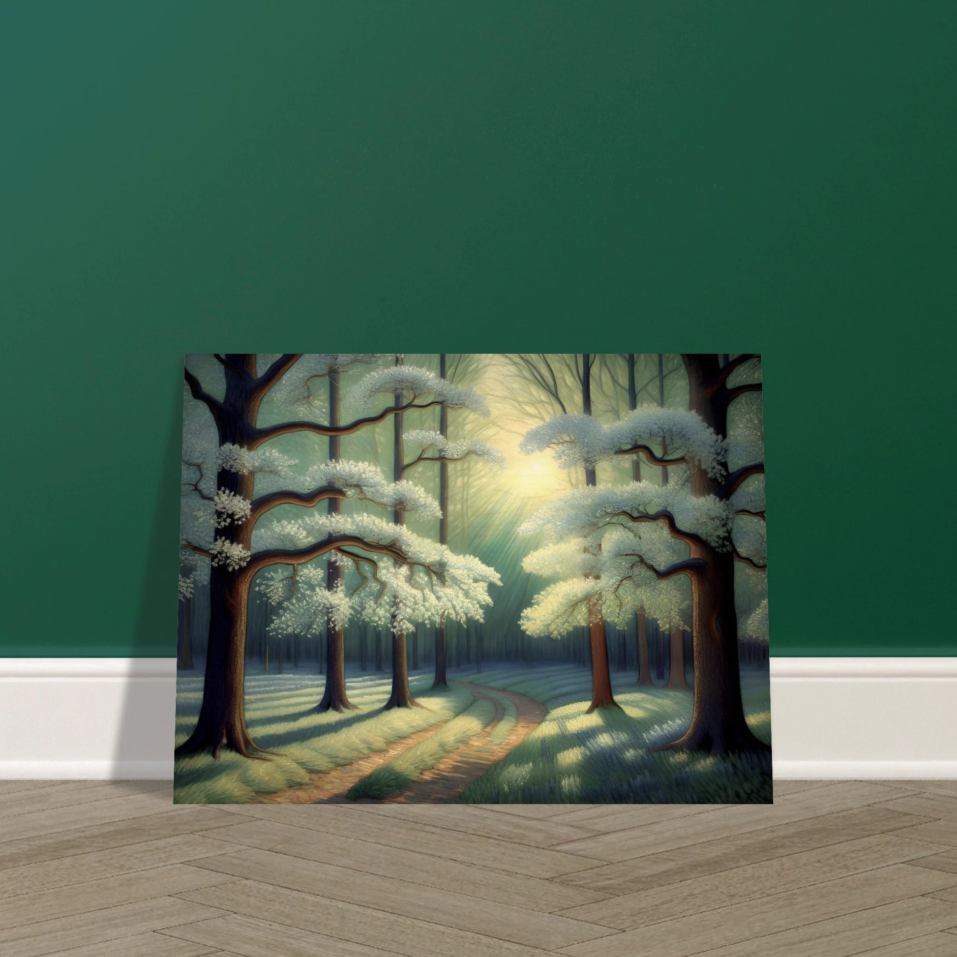 A tranquil forest path curves under flowering trees bathed in morning light, casting soft shadows across mossy ground.