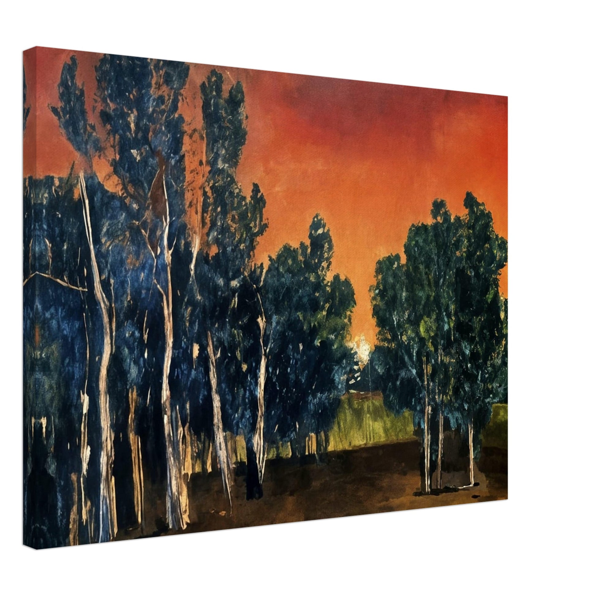 Painting of tall trees silhouetted against a vivid crimson and orange sunset, with deep green foliage and earthy tones.