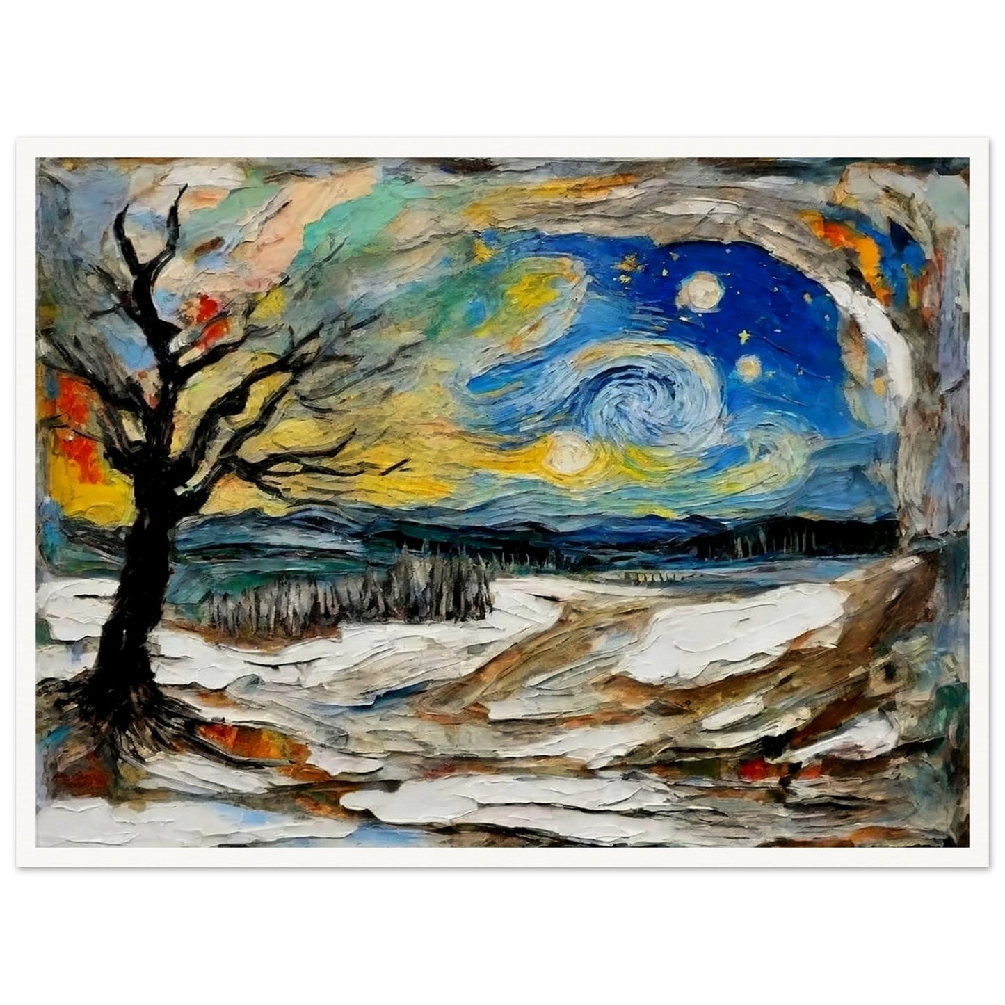 Vibrant painting of a night landscape with swirling stars, a bare tree, snowy ground, and dynamic colors evoking motion and energy