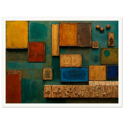 A textured mixed-media artwork with wooden blocks, vintage paper, and rich colors like teal, ochre, and deep red, forming an intricate geometric collage.