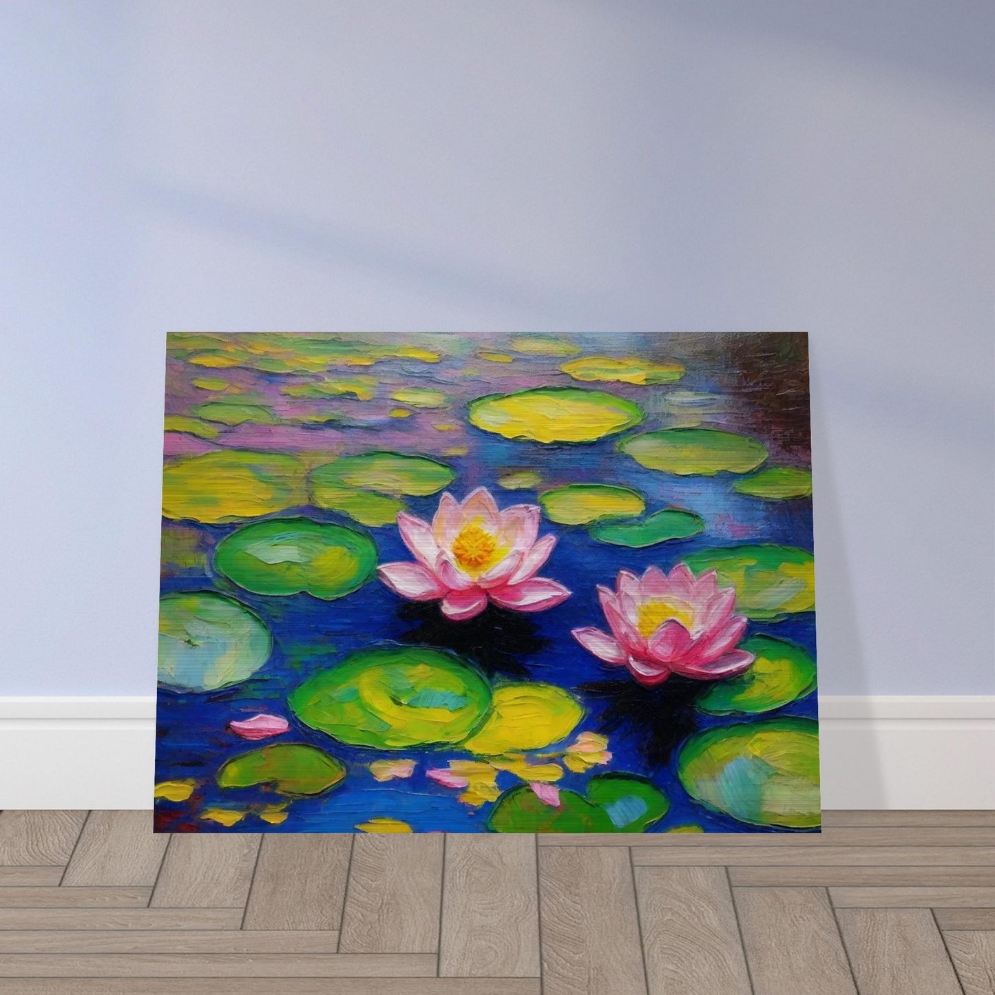 A vibrant painting of two pink water lilies floating among green lily pads on a serene blue pond.