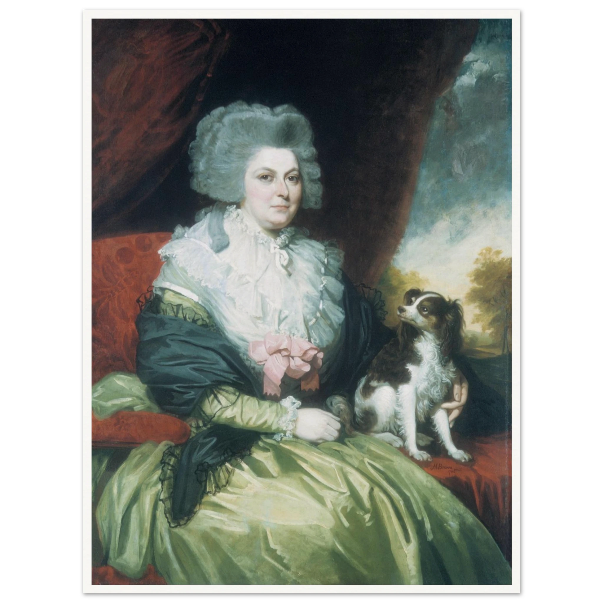 Woman in a green dress sits beside a small black and white dog in a formal portrait