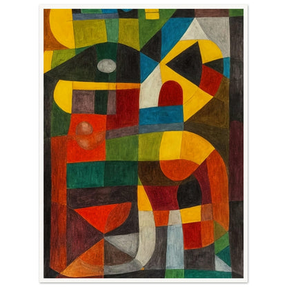 An abstract painting with bold geometric shapes and a mix of vibrant colors, creating a sense of dynamic symmetry