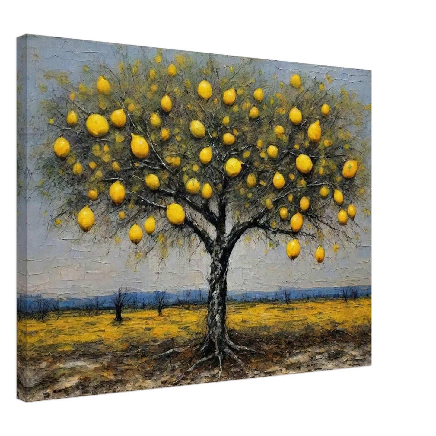 Vivid painting of a lemon tree filled with golden yellow fruits, standing in a sunlit yellow field with a serene blue horizon.