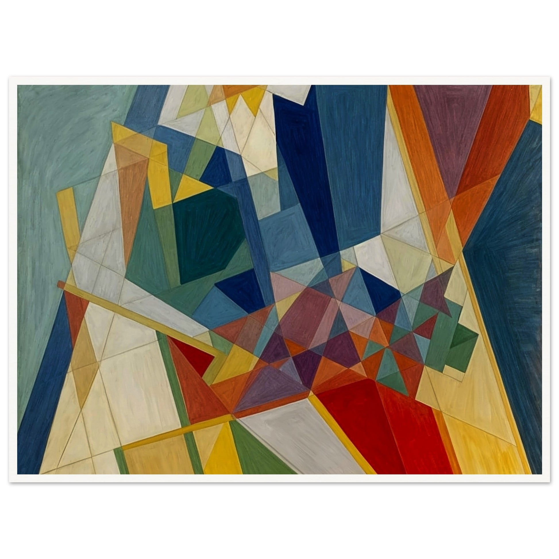 An abstract painting showcasing intersecting geometric shapes in vibrant colors, creating a harmonious and dynamic composition.