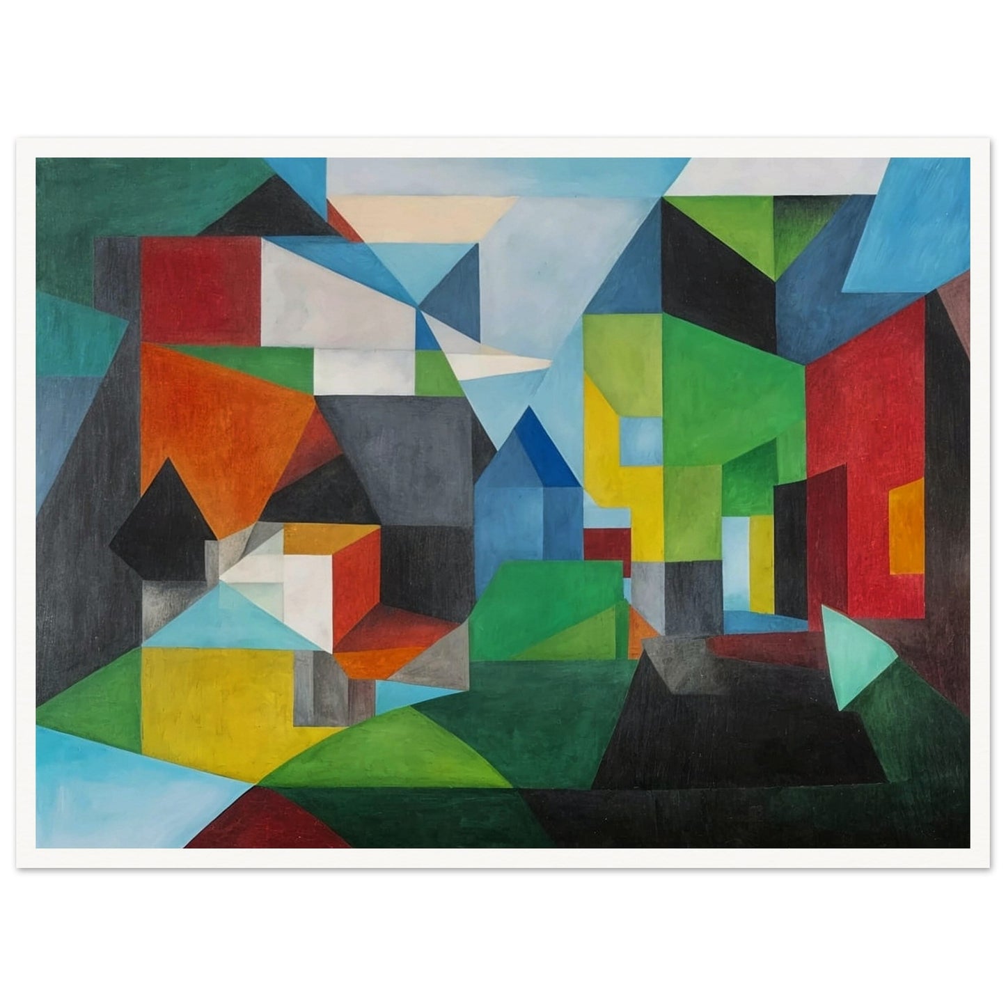 Abstract painting with vibrant geometric shapes forming a village-like scene with houses and landscapes.