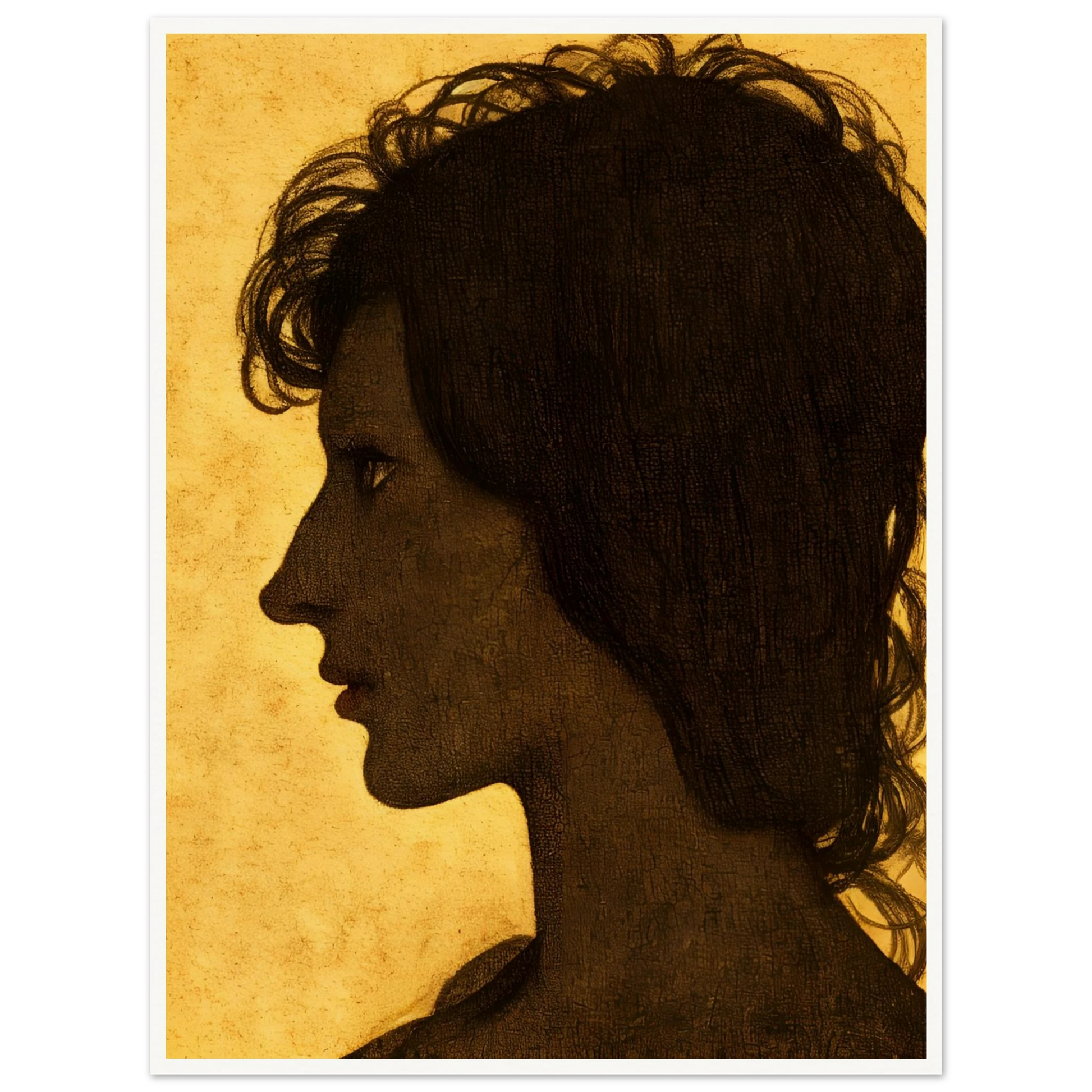 A textured profile silhouette of a woman set against a warm ochre background, capturing introspection and quiet strength.