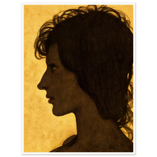 A textured profile silhouette of a woman set against a warm ochre background, capturing introspection and quiet strength.