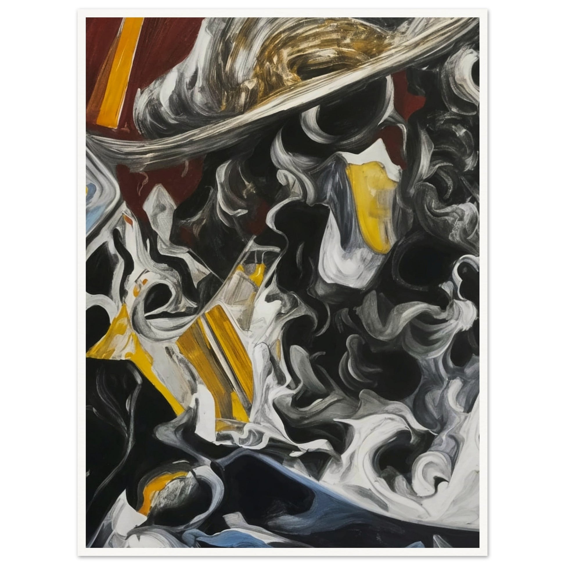 A dynamic composition featuring swirling black, white, and yellow forms that evoke a sense of movement and tension.