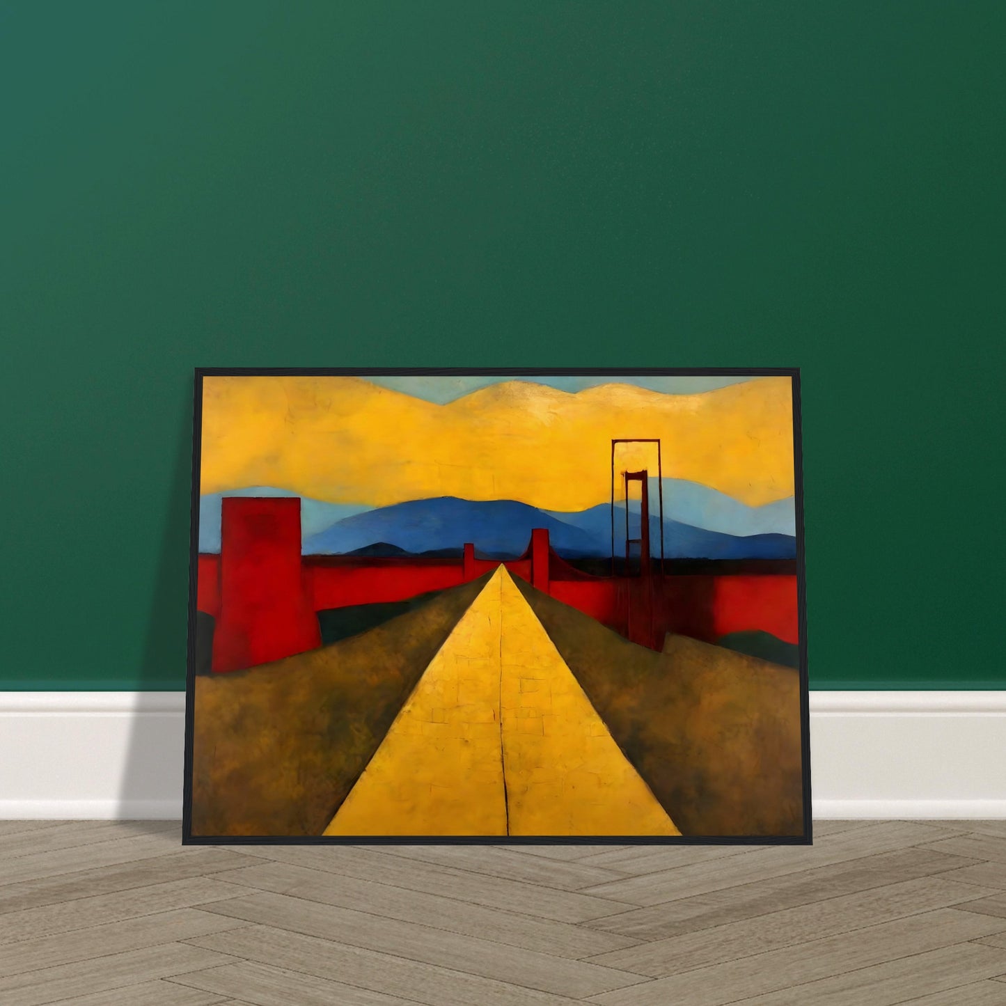 Modern artwork of a bright yellow road stretching into the distance, bordered by red structures, with blue mountains and golden skies in the background.