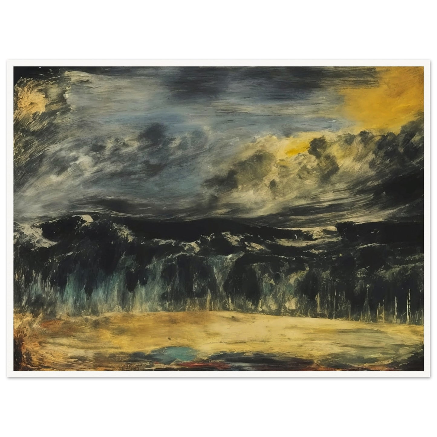 A dramatic landscape painting featuring a stormy sky with dark clouds looming over a distant forest, creating a moody atmosphere.