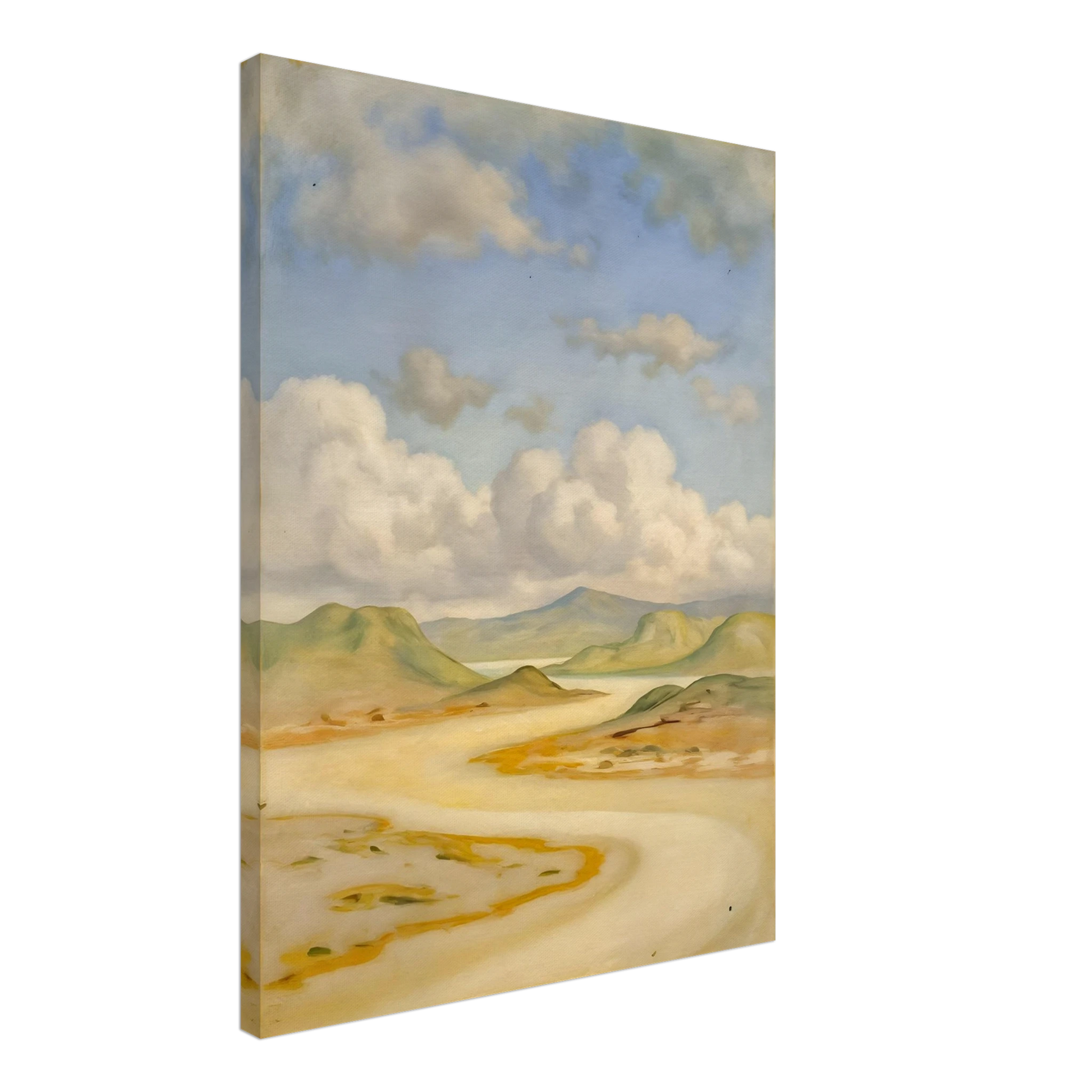 Soft clouds drift above pale hills, sandy curves, and quiet water under a blue sky.